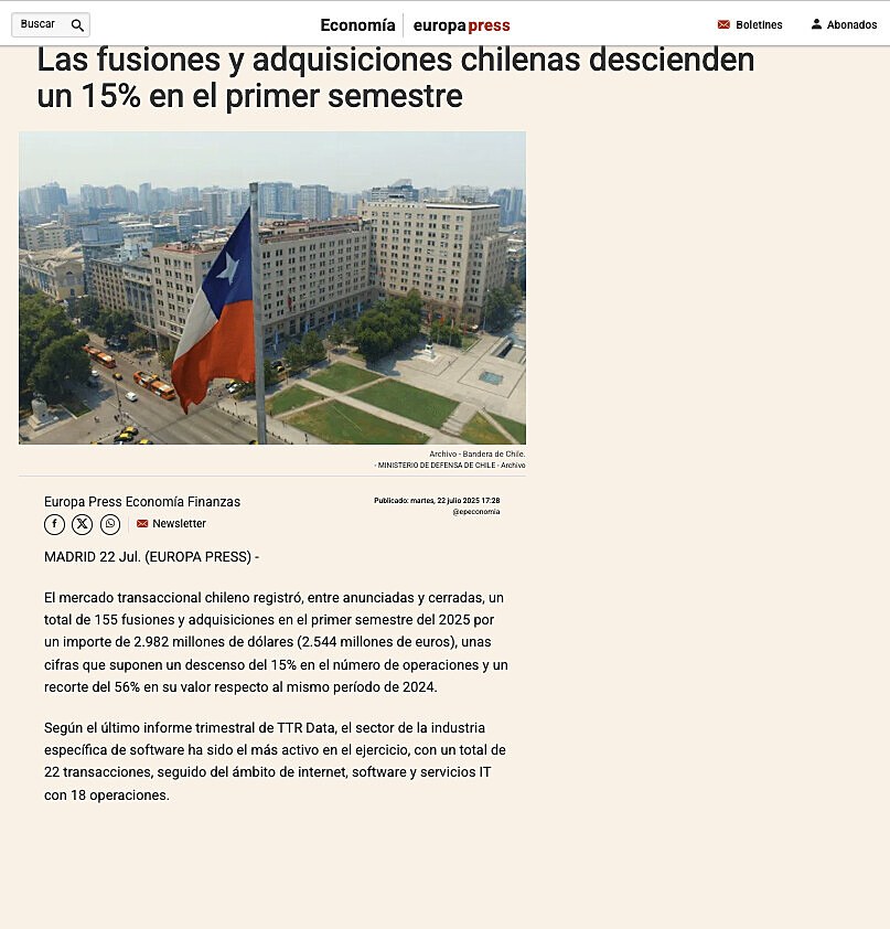 Las fusiones y adquisiciones chilenas descienden un 15% en el primer semestre